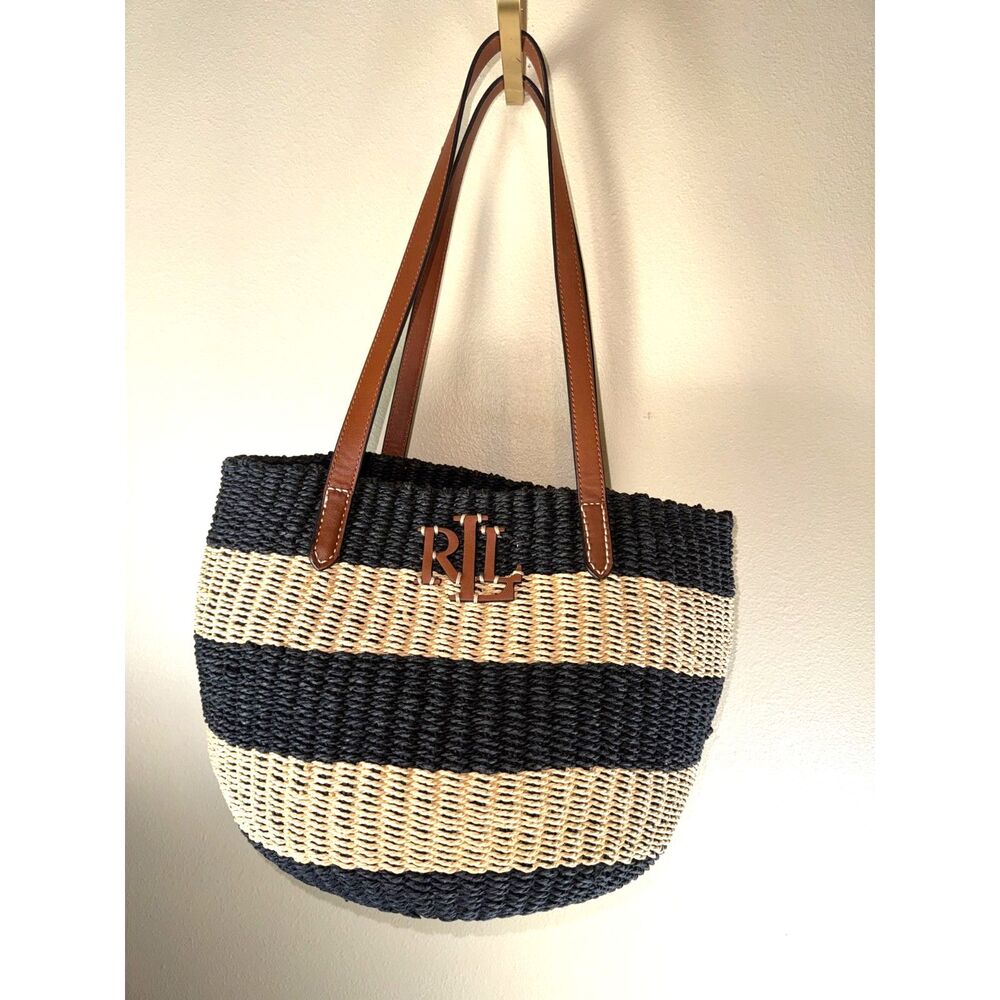Ralph Lauren, striped Black and Tan straw Bag